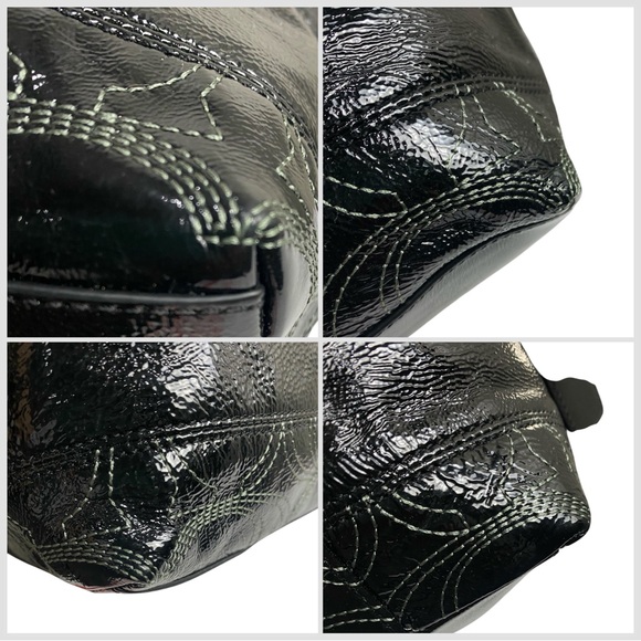 Coach Signature Stitch Patent Leather Tote Shoulder Bag Black White - Picture 5 of 14